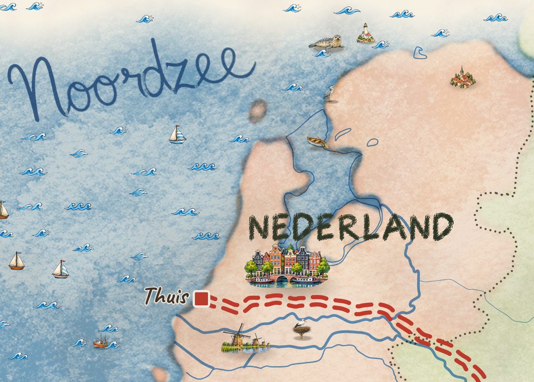 Uitsnede van een getekende kaart met Nederland, de Noordzee en het vertrekpunt