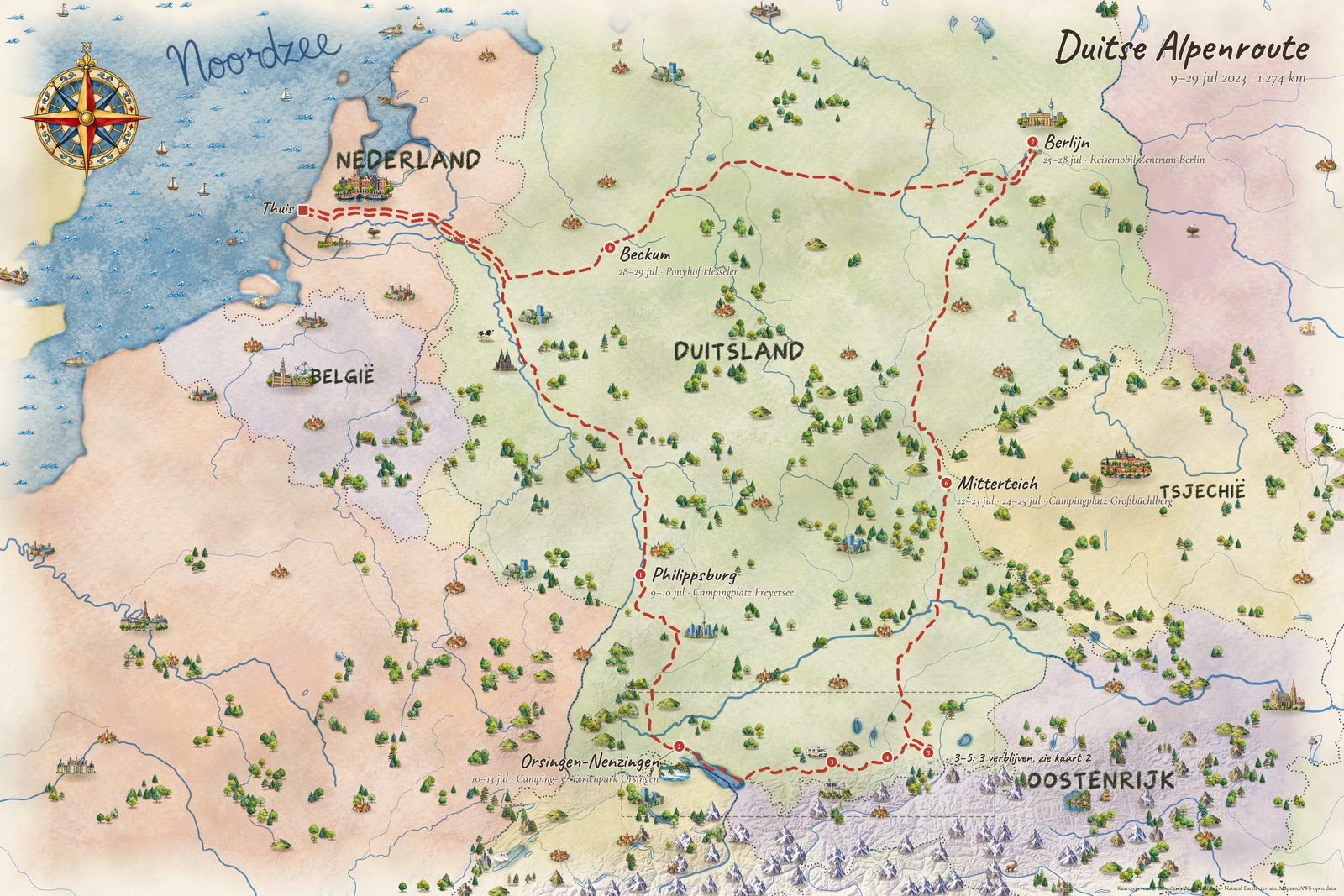 Kaart van de Duitse Alpenroute in stijl Getekend