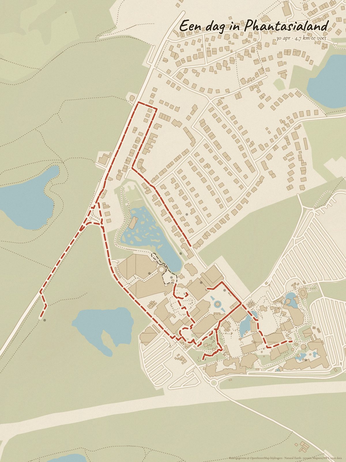 Kaart van een dag in Phantasialand, met de gelopen route