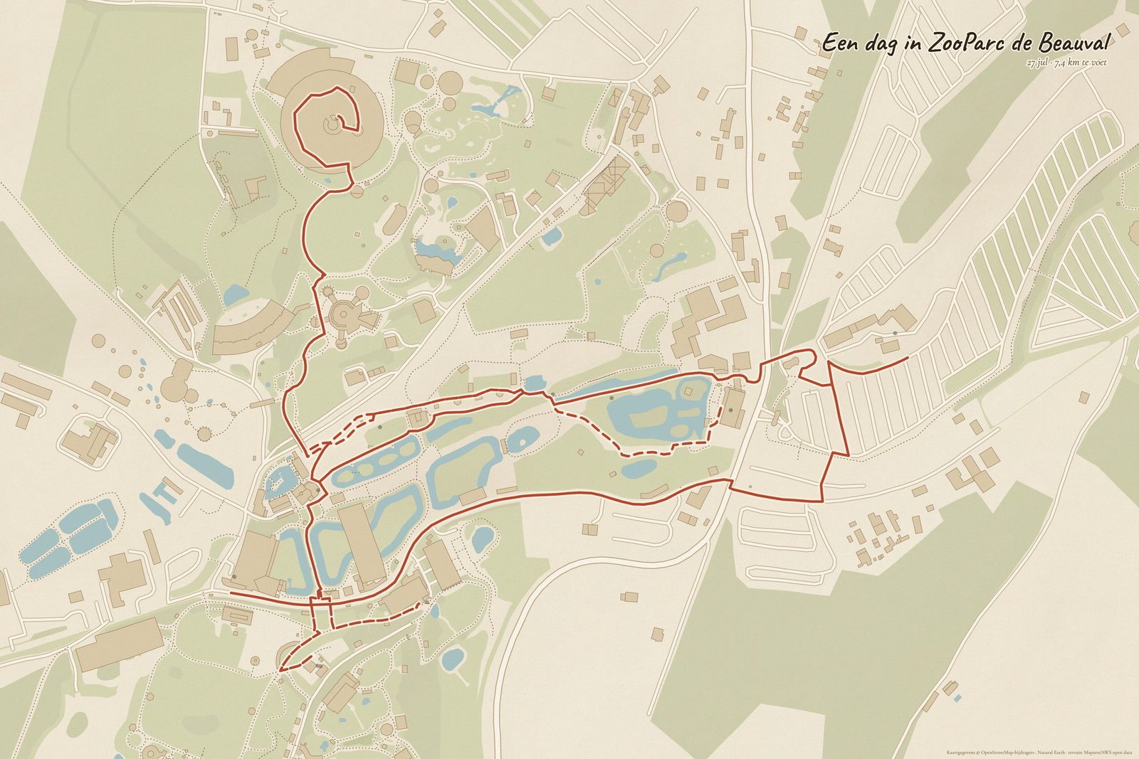 Kaart van een dag in ZooParc de Beauval, met de gelopen route