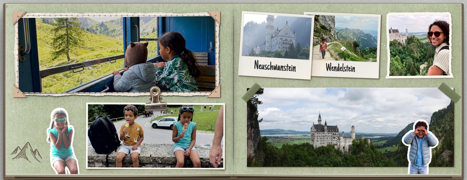 Dubbele pagina in plakboekstijl over een dag bij Neuschwanstein: polaroids met de namen erop geschreven, en twee uitgeknipte kinderen die naast de foto's staan