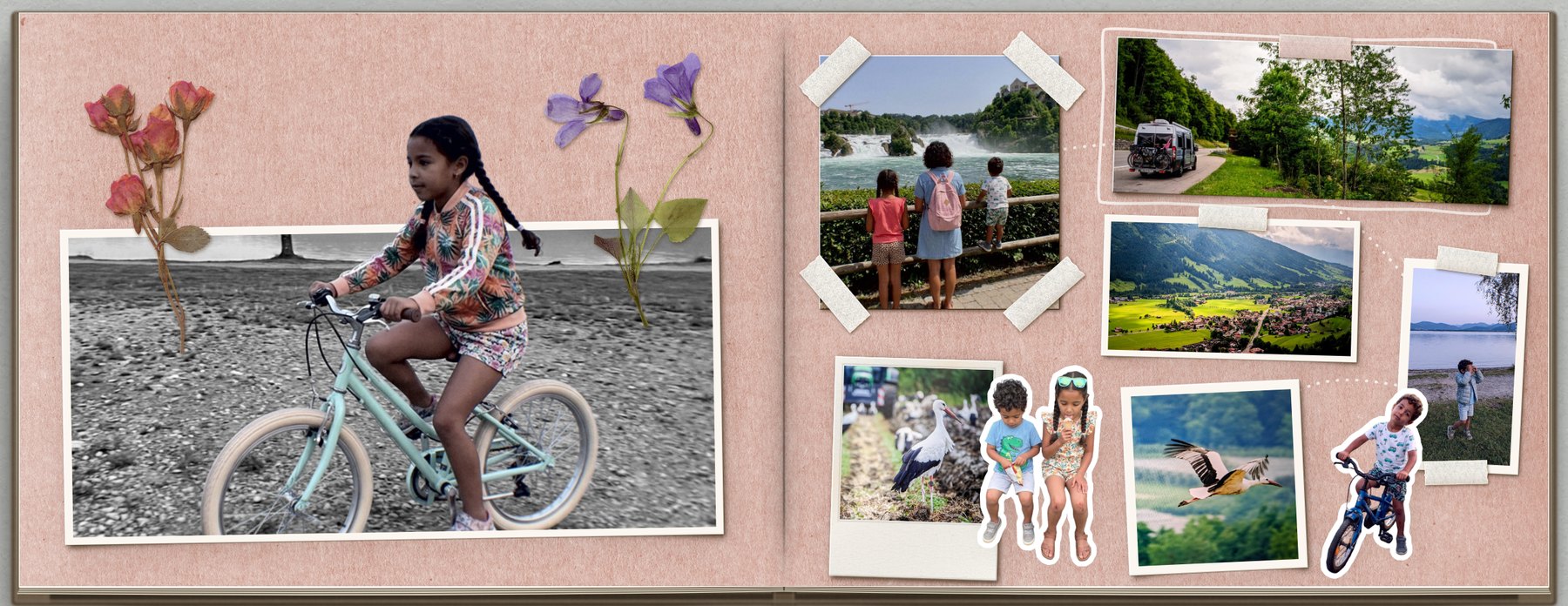 Dubbele pagina in plakboekstijl: een meisje op de fiets dat uit haar foto stapt, en uitgeknipte kinderen tussen de foto's